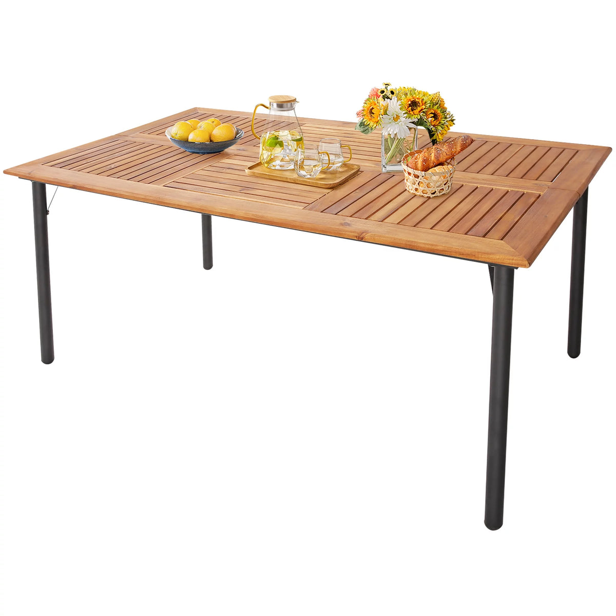 Rectangular Acacia Wood Patio Dining Table with Umbrella Hole J29319