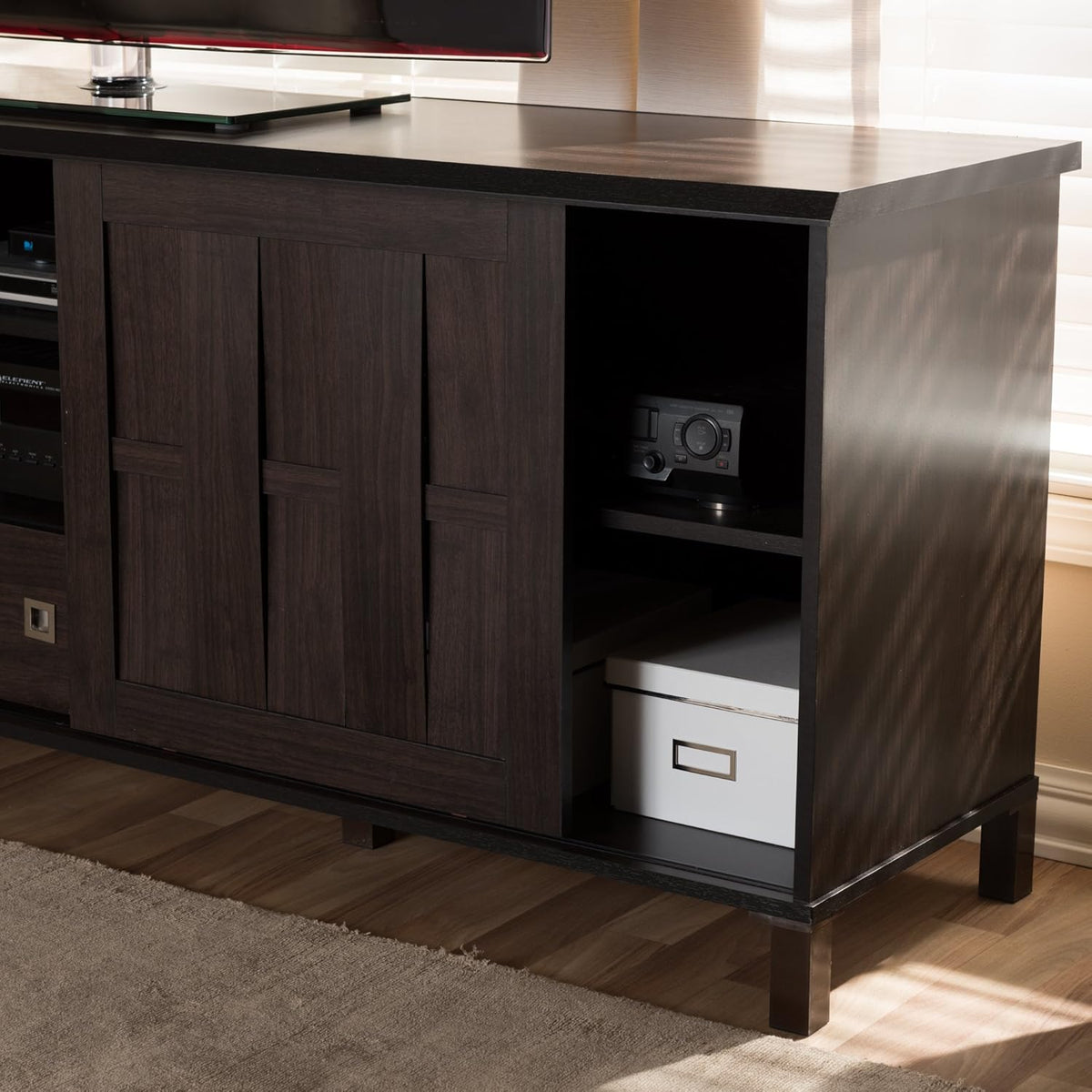 Dark Brown Wood TV Cabinet with 2 Sliding Doors and Drawer V285