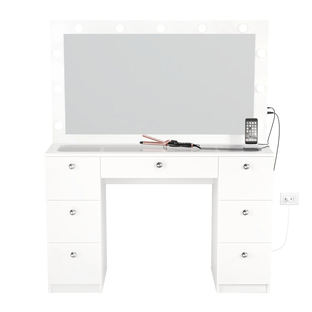 Modern Makeup Vanity Table Set with Mirror, 7 Drawers, White U410800