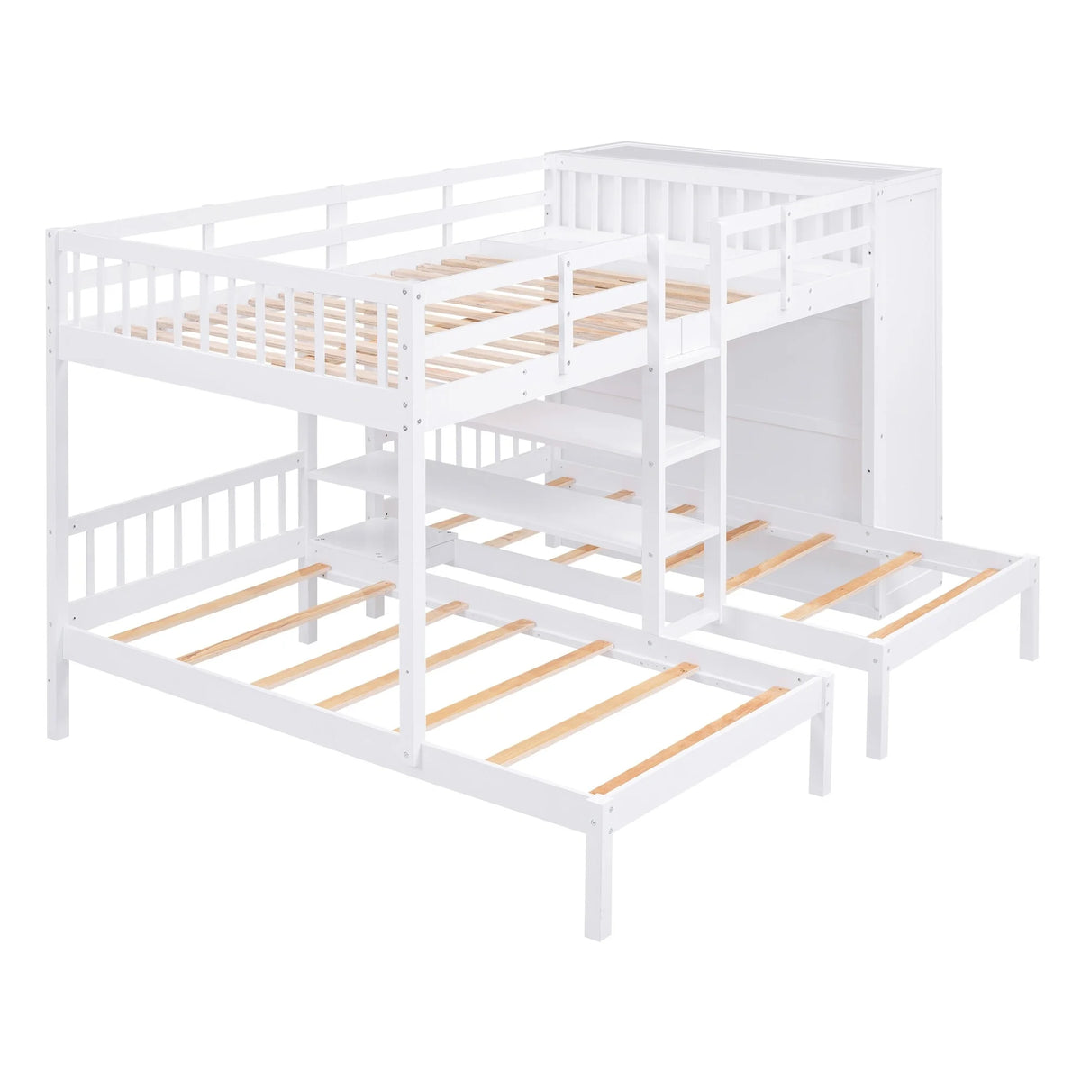 White Full-Over-Twin-Twin Bunk Bed with Shelves, Wardrobe, Mirror, and Storage M9774