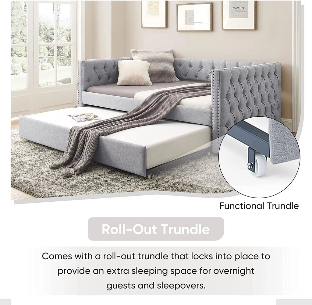 Light Grey Linen Upholstered Twin Size Daybed with Trundle Z1859