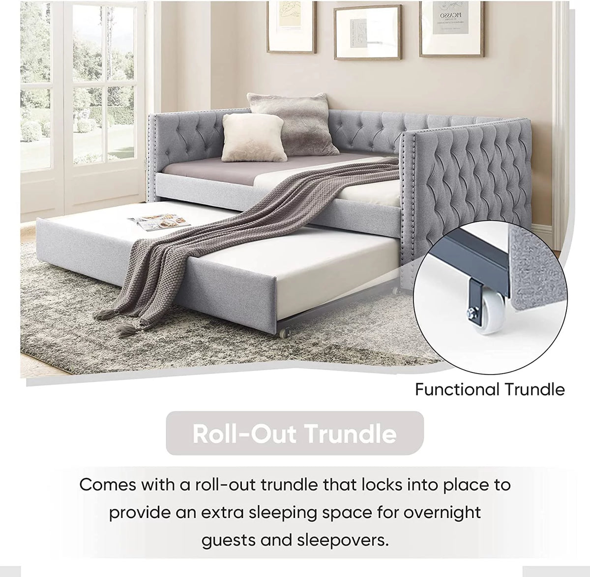 Light Grey Linen Upholstered Twin Size Daybed with Trundle Z1859