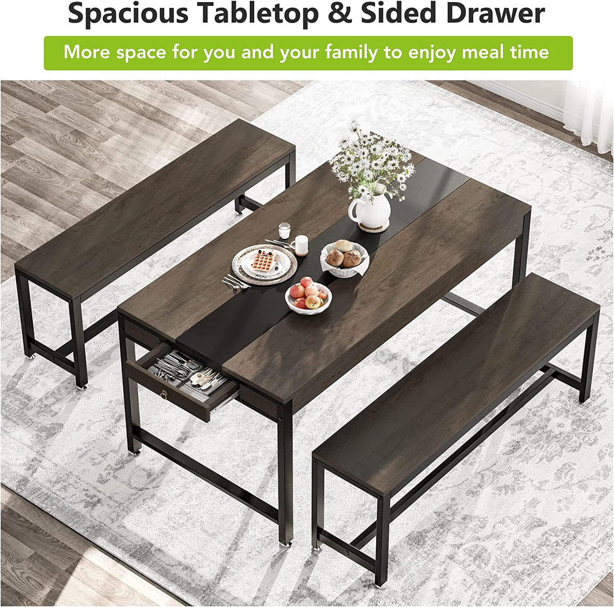 Dining Table with 2 Benches and Drawer P626