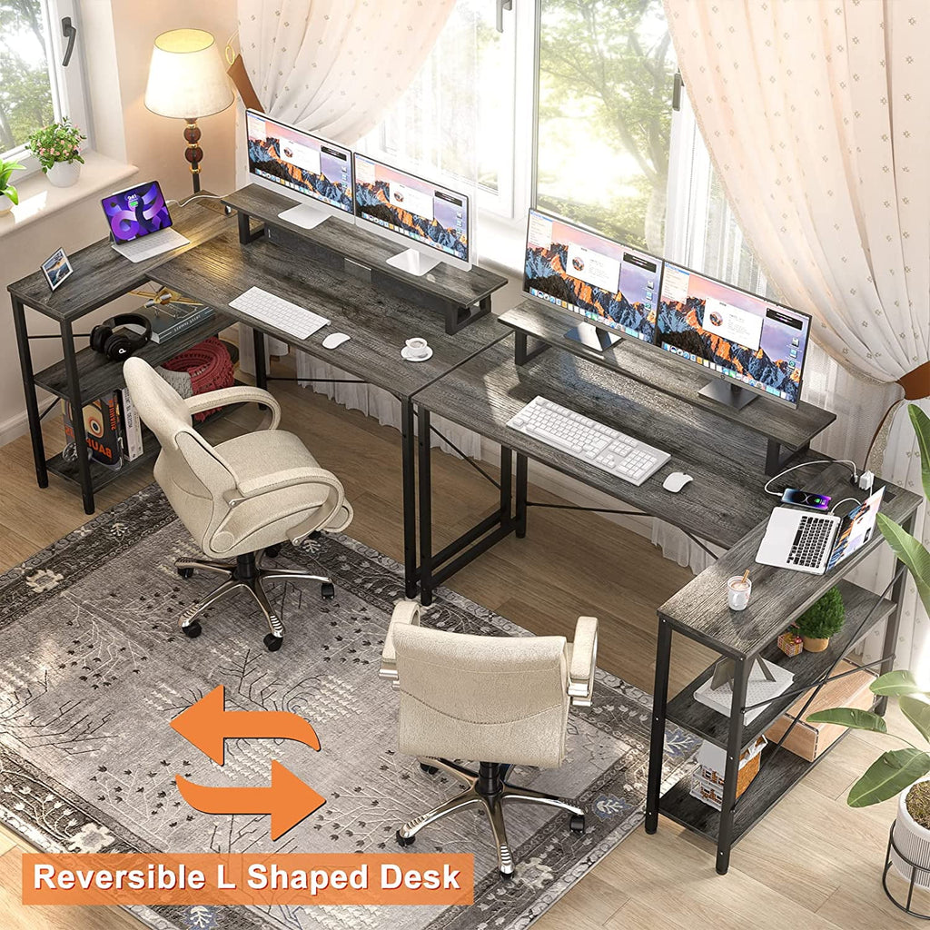 Black Oak L Shaped Desk with Power Outlet and Storage Shelves Q292