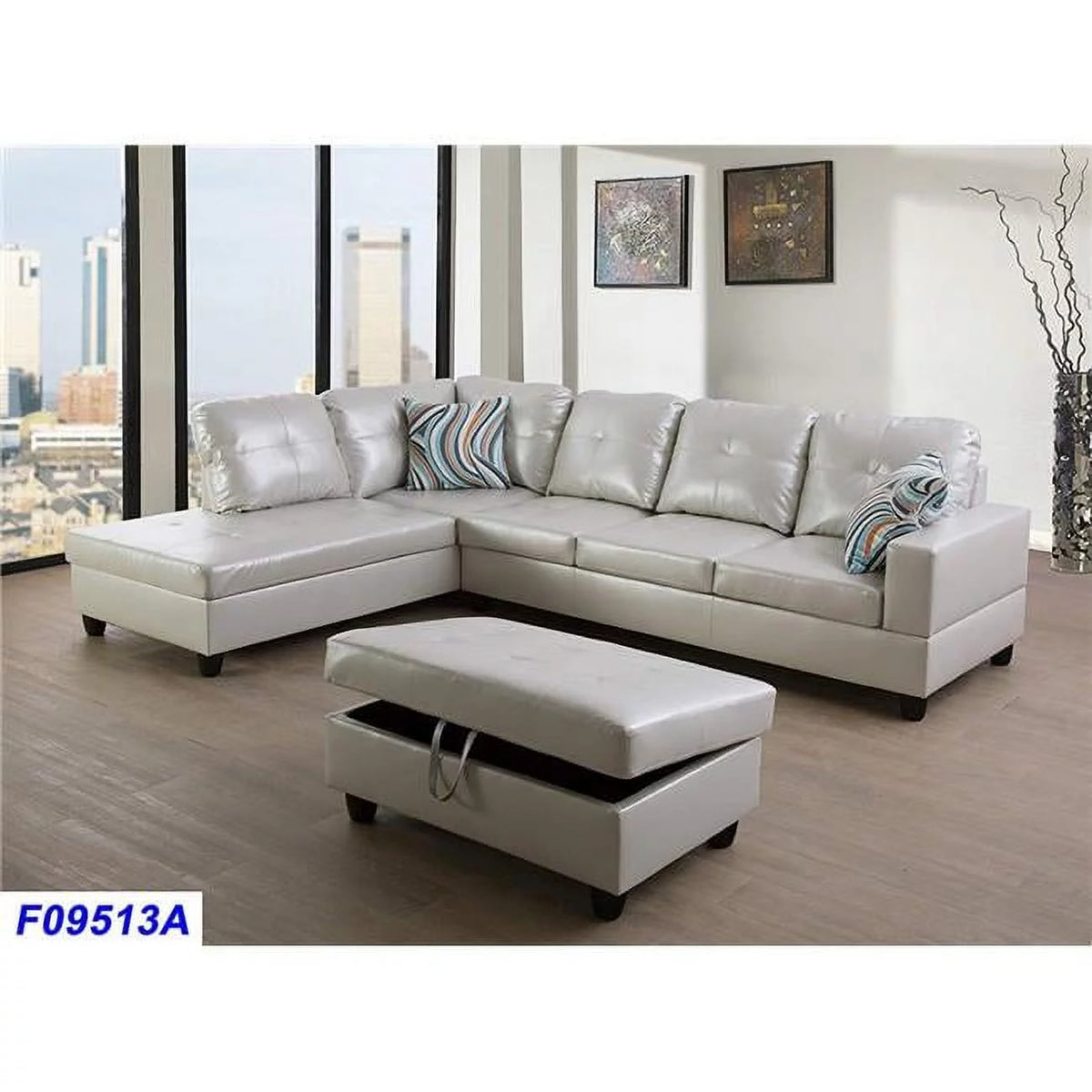 3 Piece Left Facing Faux Leather Sectional Sofa Set with Ottoman J391