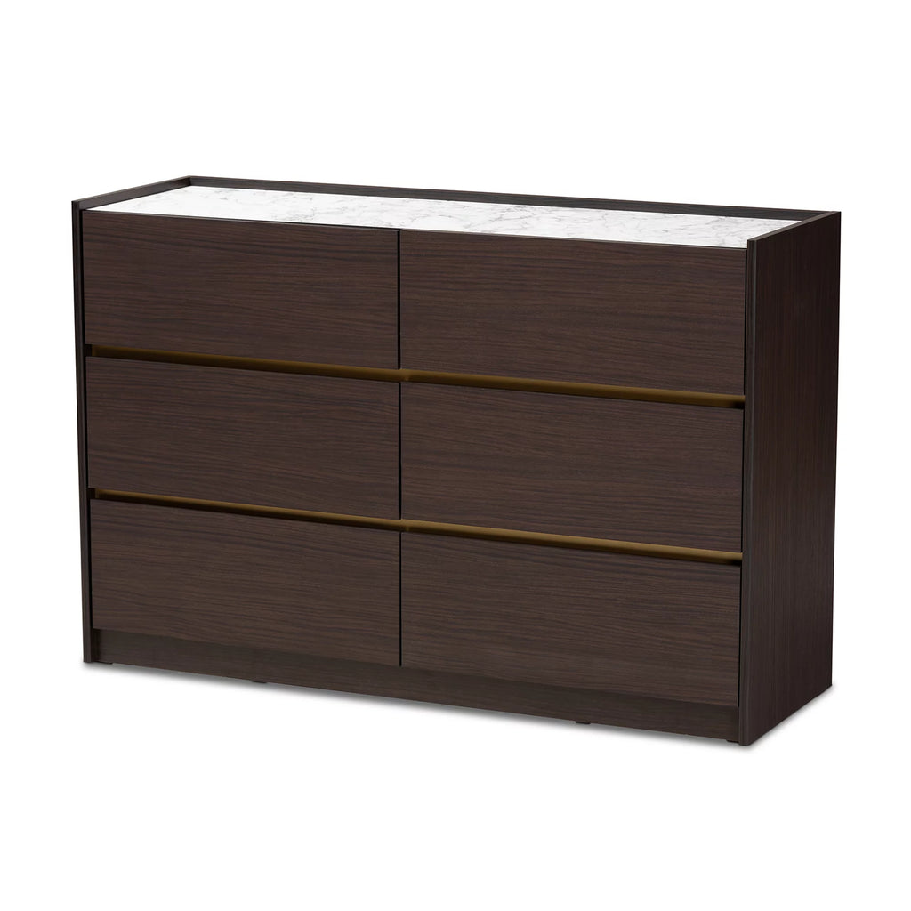 Dark Brown Gold Wood 6-Drawer Dresser with Faux Marble Top K27144
