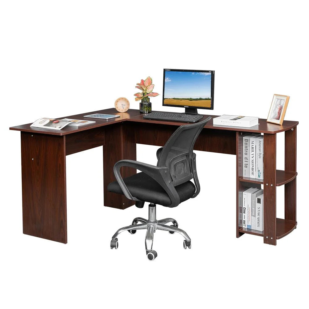 L-Shaped Wood Corner Desk with Bookshelves K833