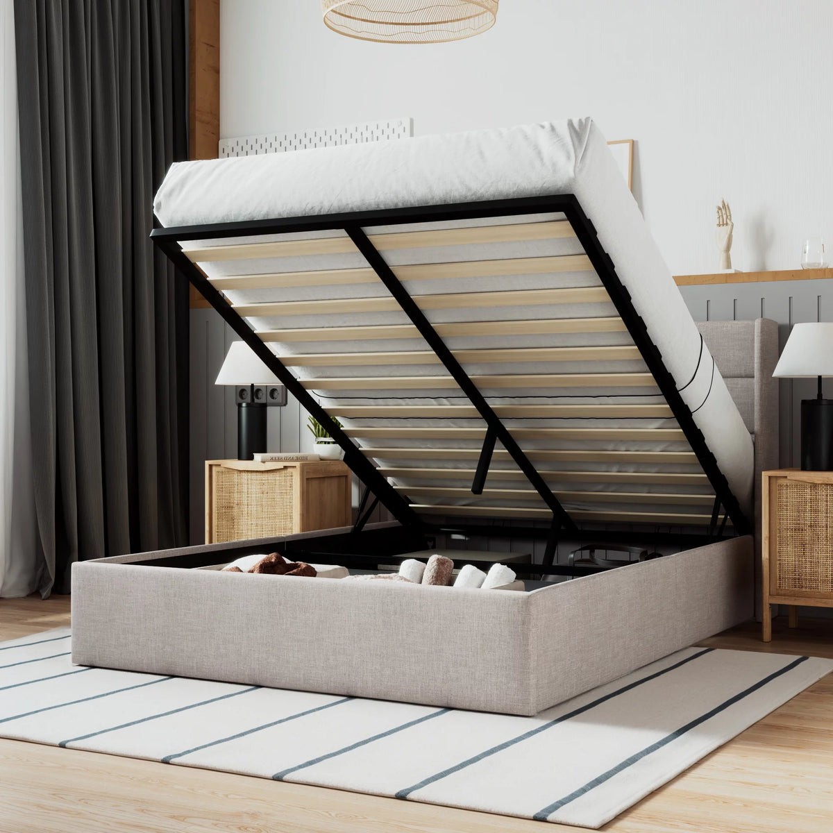 Beige Queen Size Lift Up Platform Bed Frame with Headboard T914
