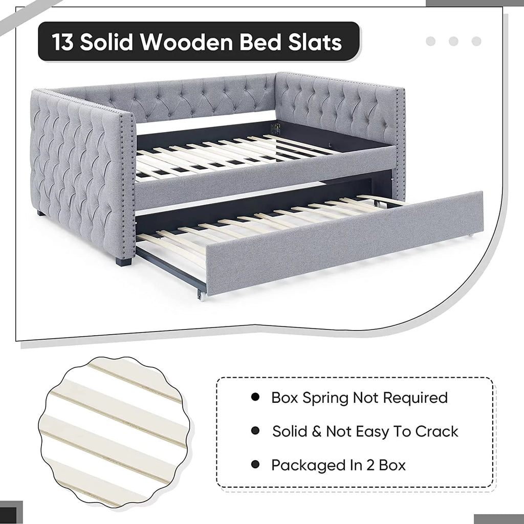 Light Grey Linen Upholstered Twin Size Daybed with Trundle Z1859