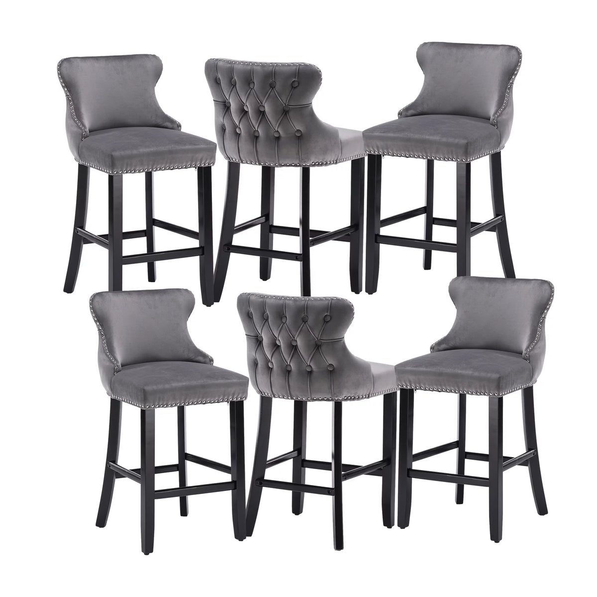 Set of 6 Grey Velvet Upholstered Bar Stools M917