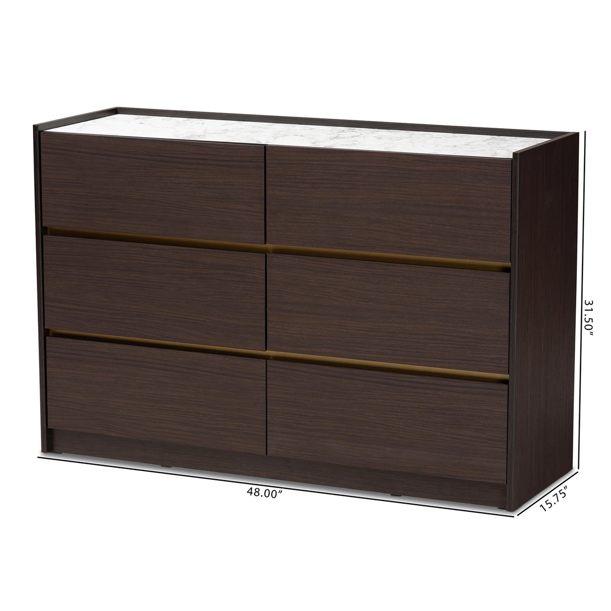 Dark Brown Gold Wood 6-Drawer Dresser with Faux Marble Top K27144