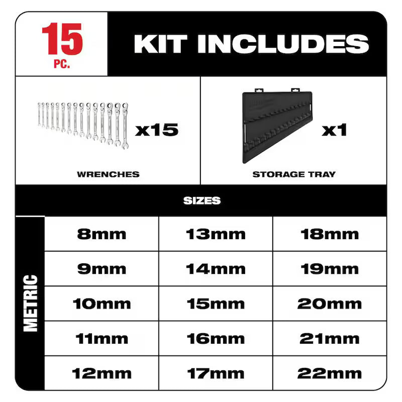 15-Piece Flex-Head Ratcheting Combination Wrench Set Metric W59474