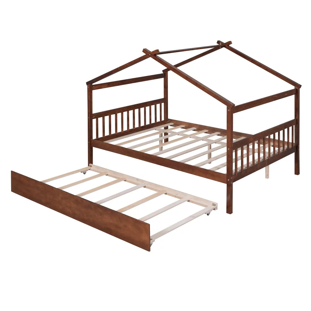 White Twin Size Solid Wood House Bed with Trundle B30948