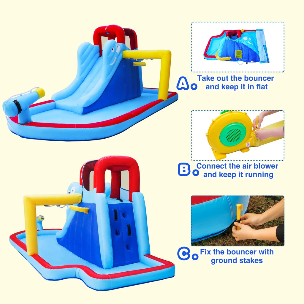 Kids Inflatable Water Slide Bouncer Playhouse Castle with Splash Pool, Climbing Wall, Basketball Hoop, Bag, Air Blower O830614