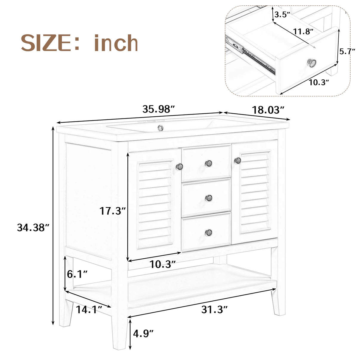 36" White Bathroom Vanity with Ceramic Basin V826435