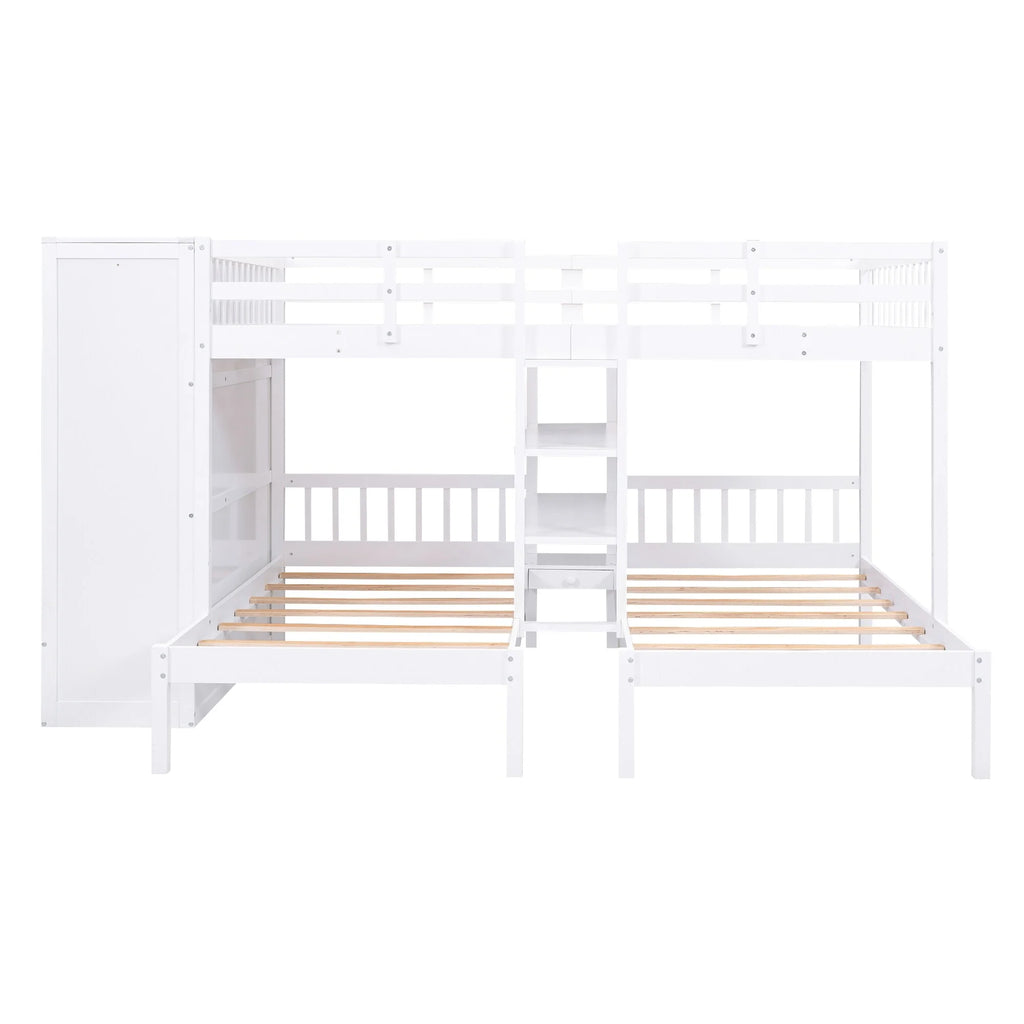 White Full-Over-Twin-Twin Bunk Bed with Shelves, Wardrobe, Mirror, and Storage M9774