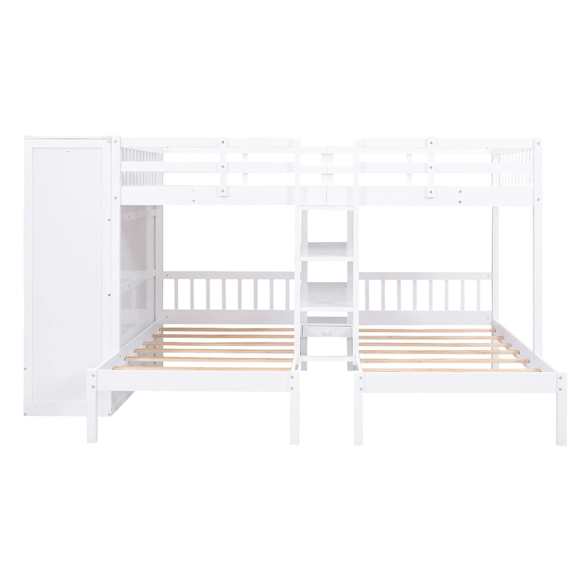 White Full-Over-Twin-Twin Bunk Bed with Shelves, Wardrobe, Mirror, and Storage M9774