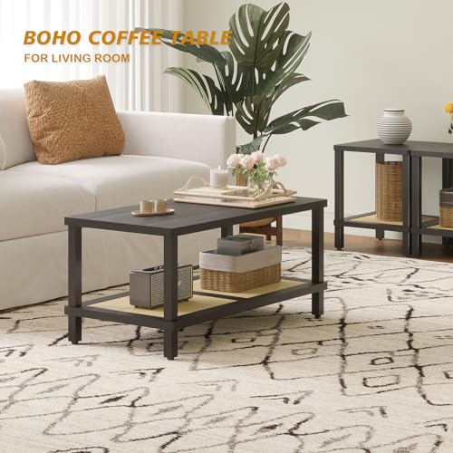 Rattan Coffee Table, 2-Tier Wooden Center Table, 39.3 Inch K868