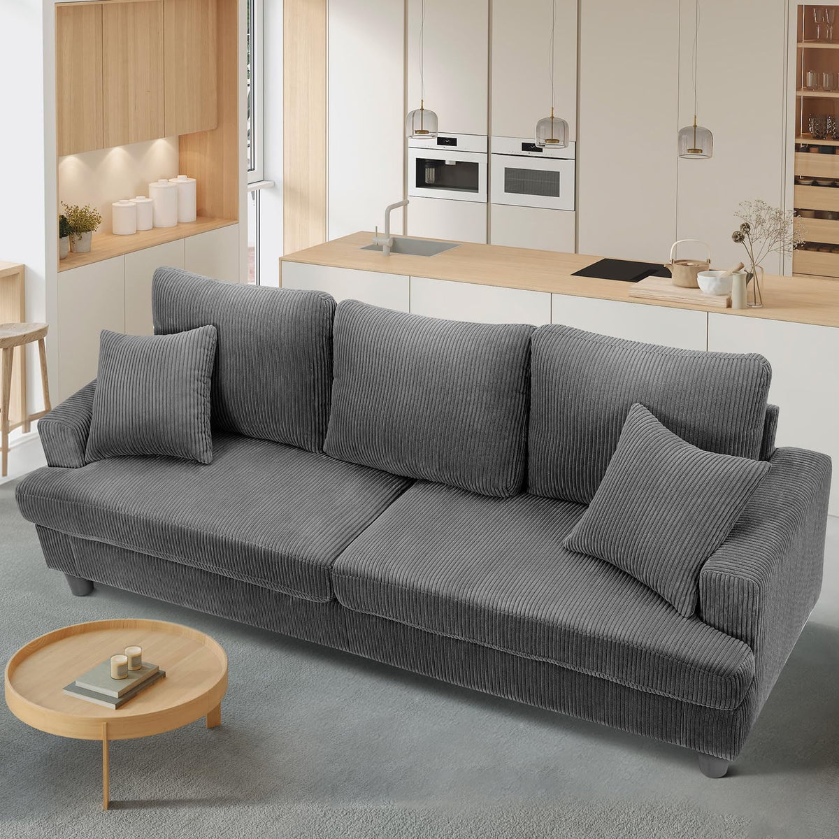 Gray Corduroy 3 Seater Sofa with 2 Pillows E565814