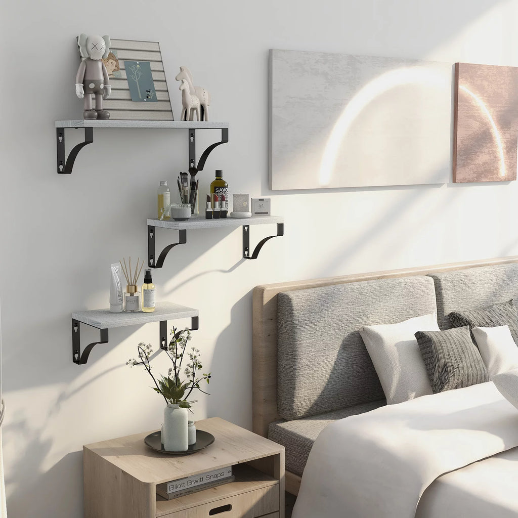 Set of 3 Wall Mounted Wood Rustic Floating Shelves U5979