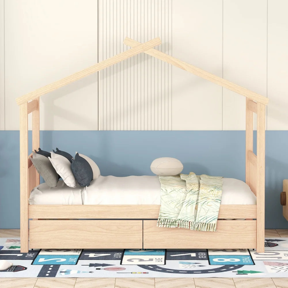 White Twin Size Solid Wood House Bed with Trundle B30948
