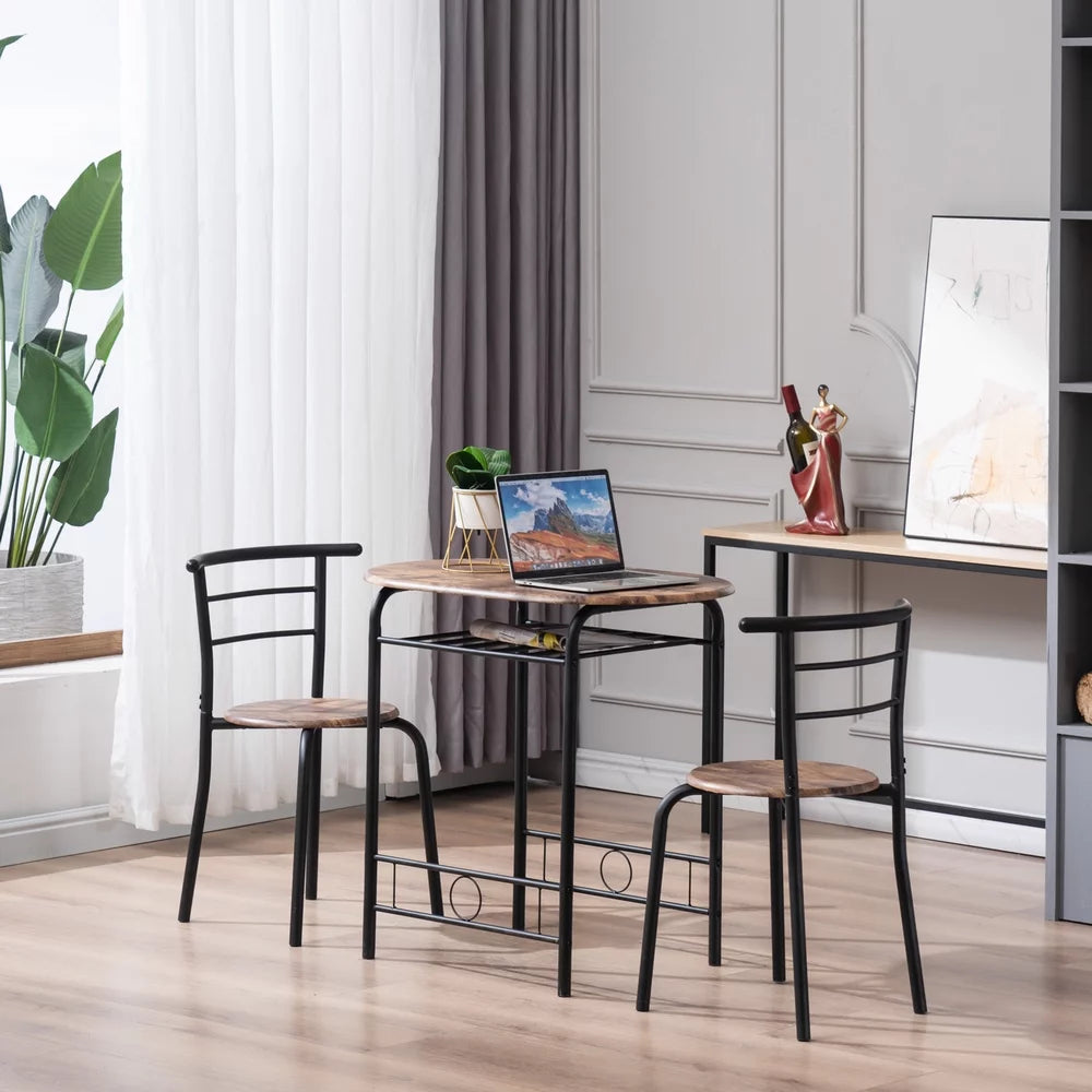 Brown 3 Piece Wood Top Dining Set with Storage Rack P8002