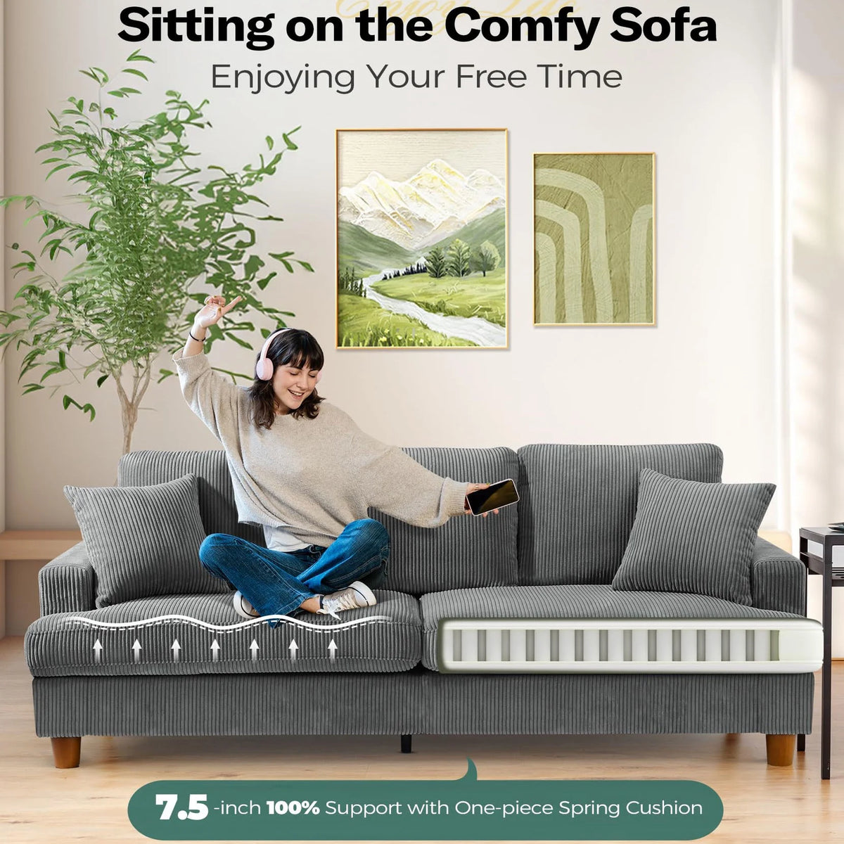 Gray Corduroy 3 Seater Sofa with 2 Pillows E565814