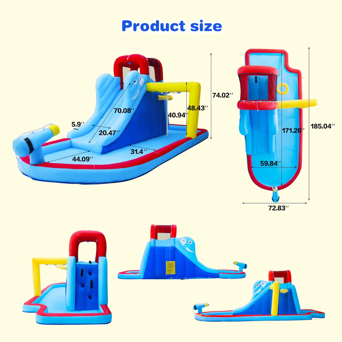 Kids Inflatable Water Slide Bouncer Playhouse Castle with Splash Pool, Climbing Wall, Basketball Hoop, Bag, Air Blower O830614