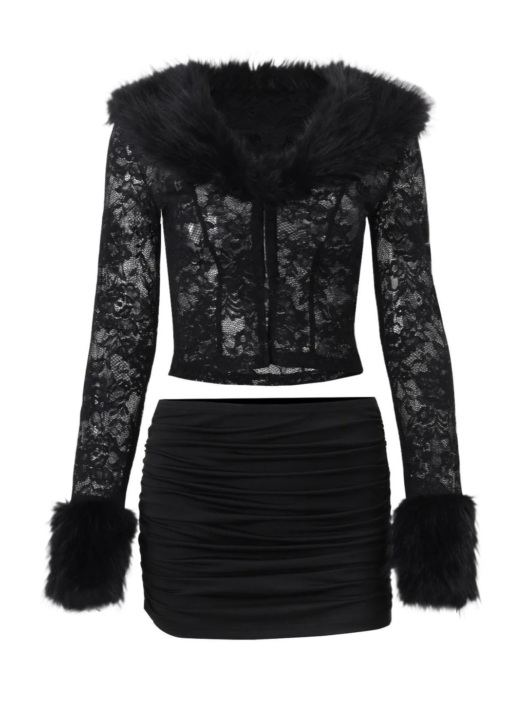 Lace & Plush Long-Sleeve Top & Mini Skirt 2 Pcs Set V7605