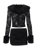 Lace & Plush Long-Sleeve Top & Mini Skirt 2 Pcs Set V7605