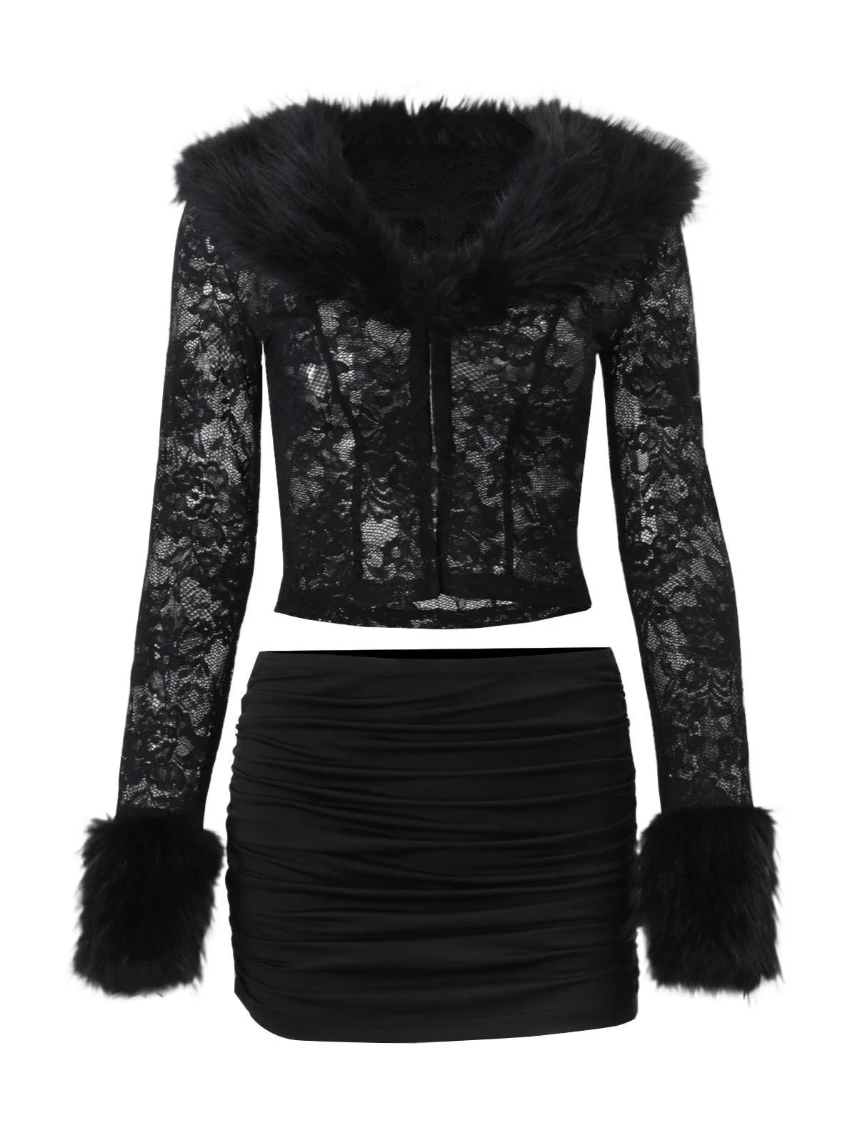 Lace & Plush Long-Sleeve Top & Mini Skirt 2 Pcs Set V7605