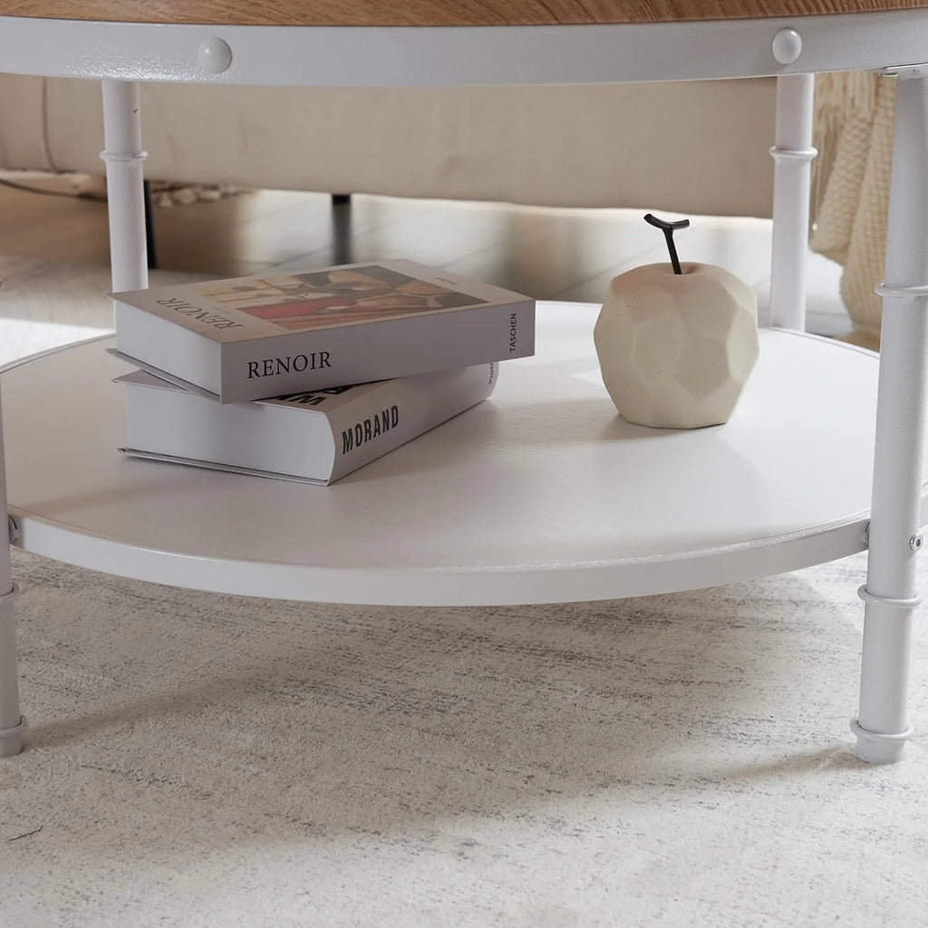 Natural White Round 2-Tier Storage Wood Coffee Table with Metal Frame J108