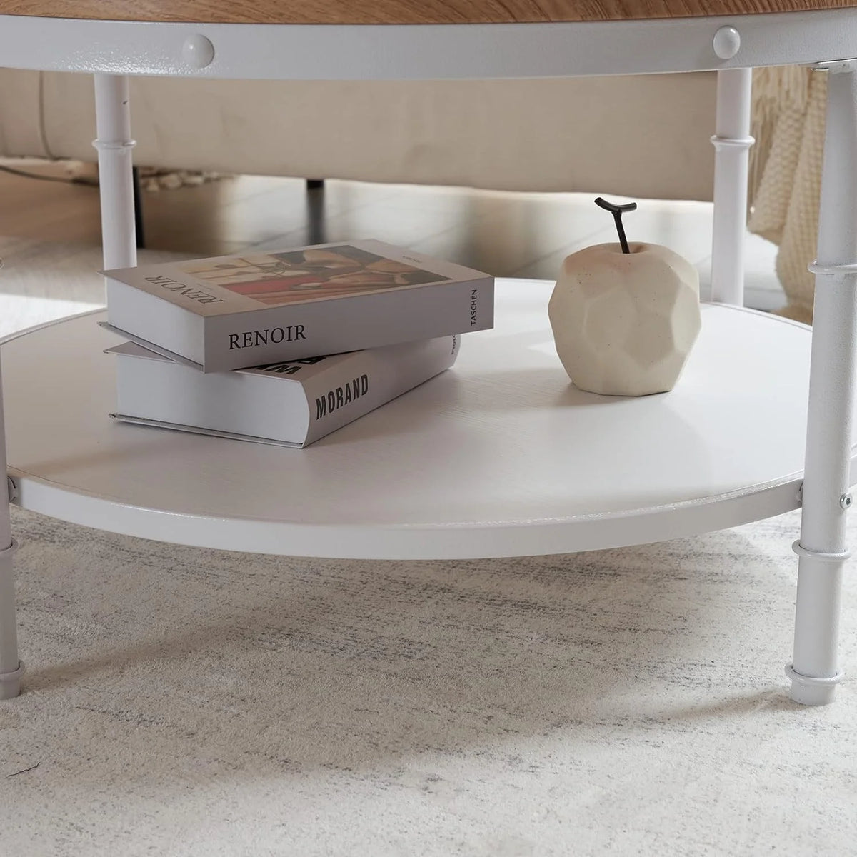 Natural White Round 2-Tier Storage Wood Coffee Table with Metal Frame J108