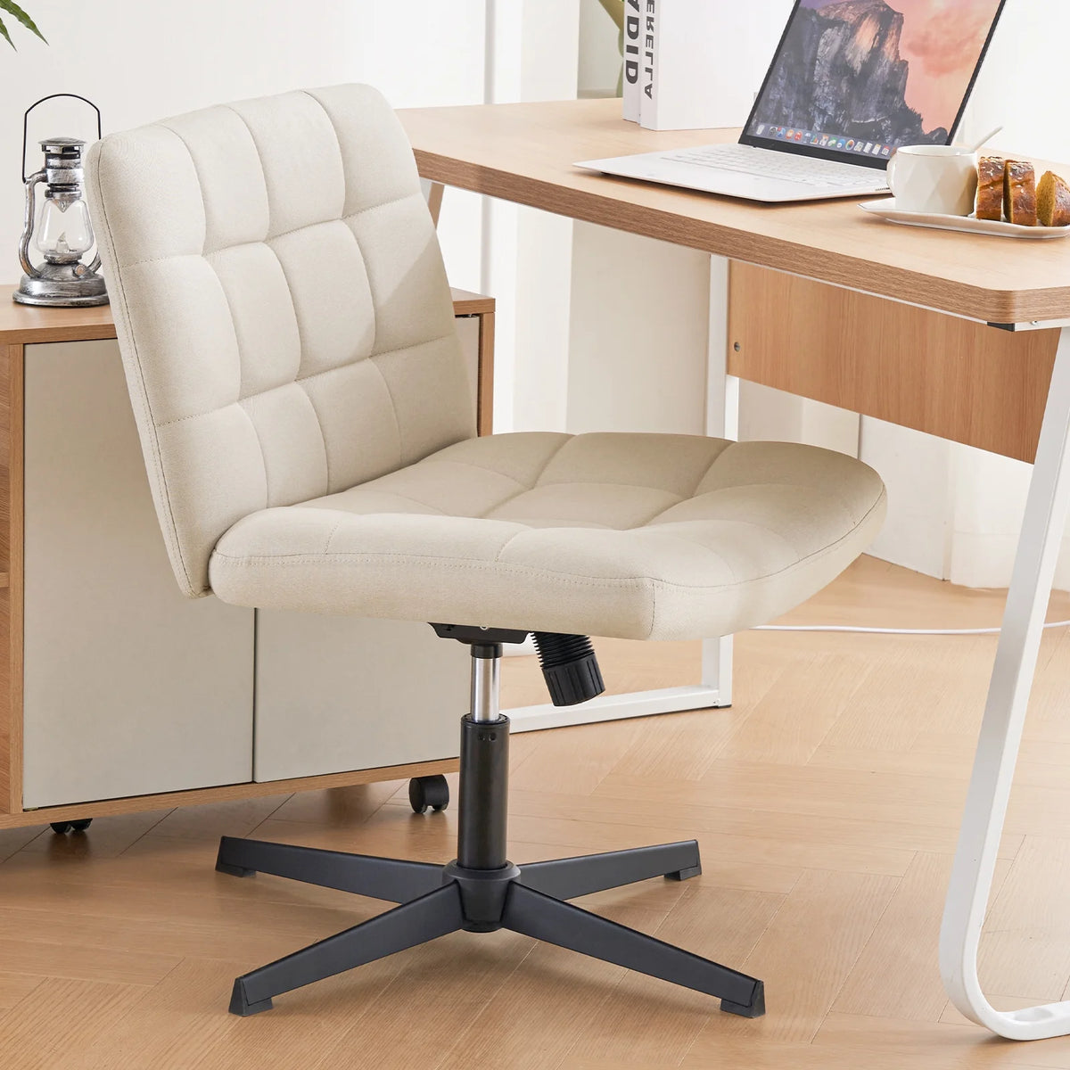 Beige Armless Swivel Ergonomic Office Chair P7204
