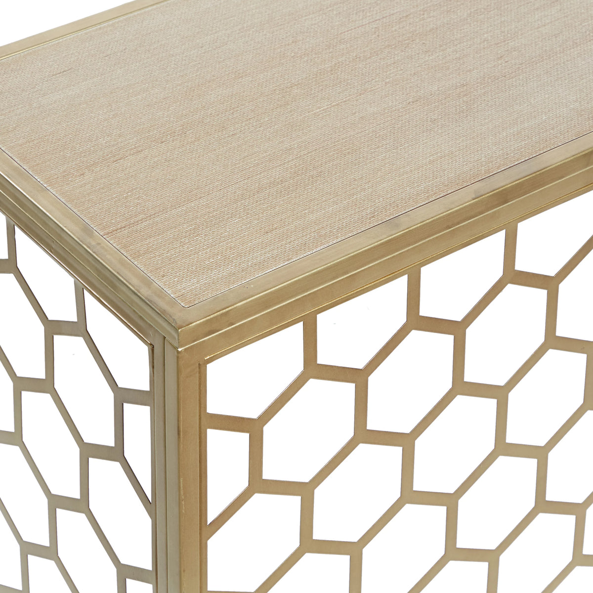42" x 30" Gold Metal Honeycomb Pattern Console Table with Brown Wood Top N23042