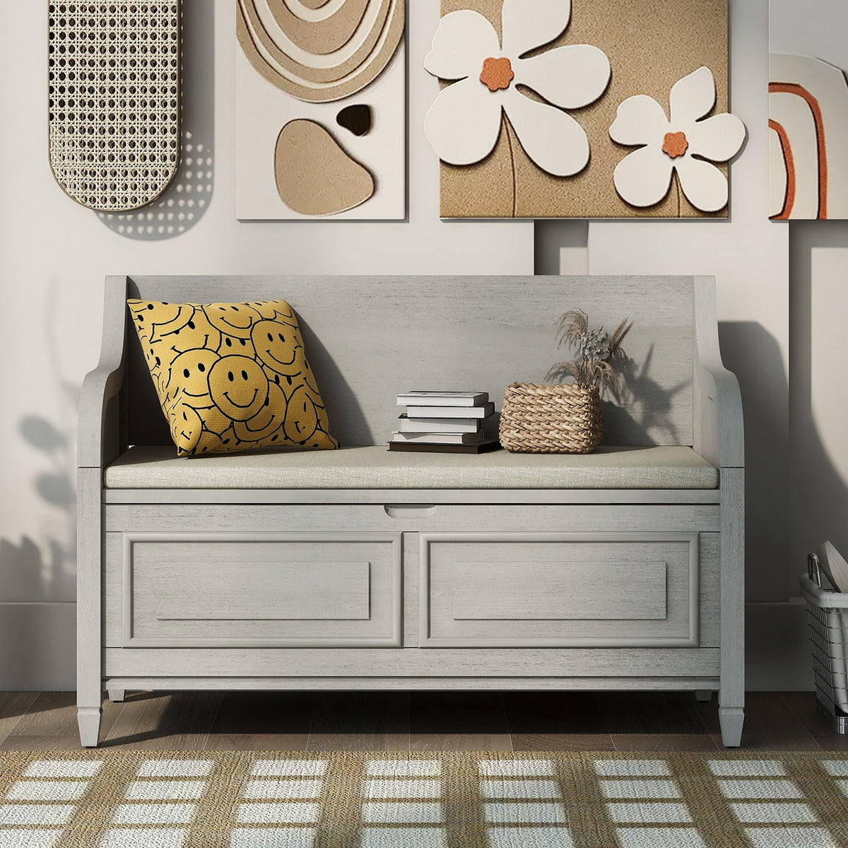 Solid Wood Storage Bench with Removable Cushion I217