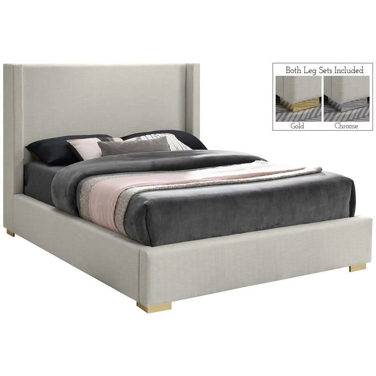 Beige Linen Textured Fabric King Bed D8801
