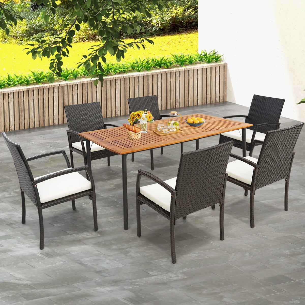 Rectangular Acacia Wood Patio Dining Table with Umbrella Hole J29319