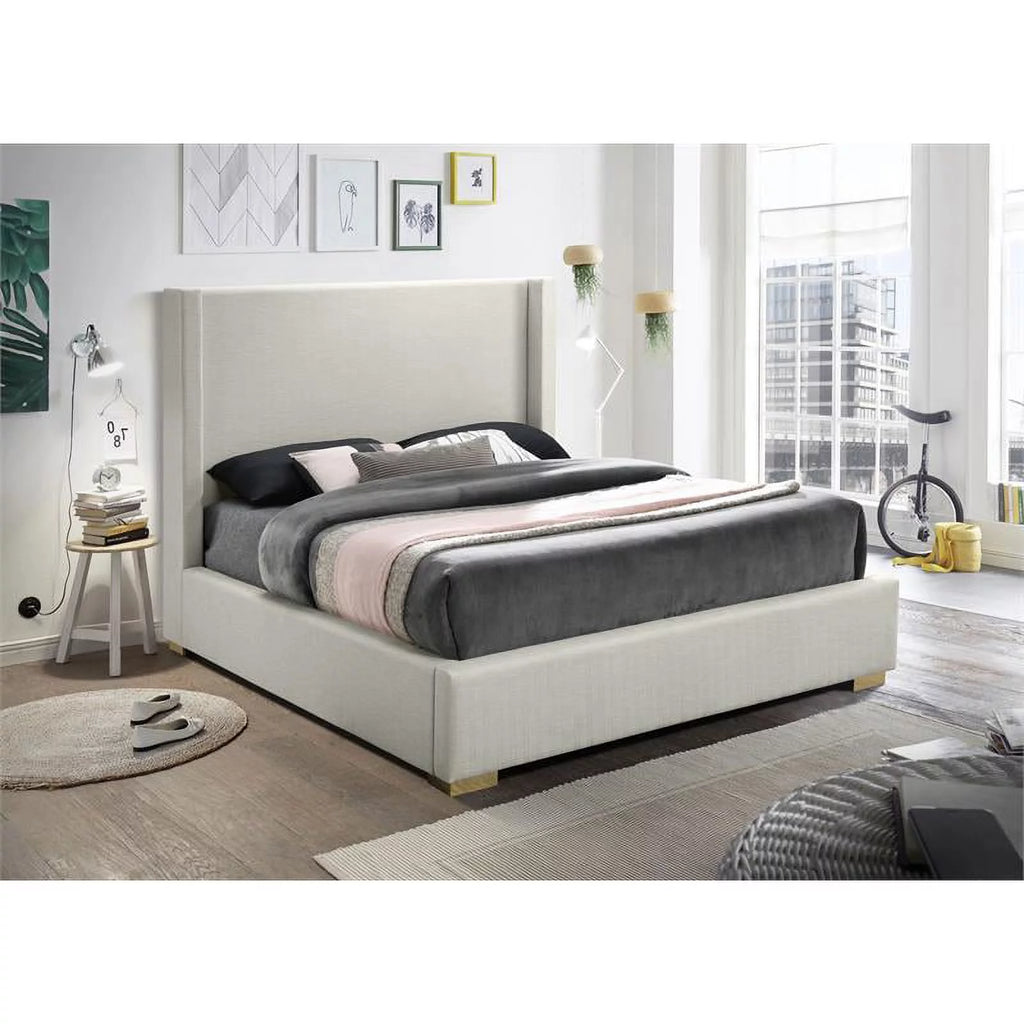 Beige Linen Textured Fabric King Bed D8801