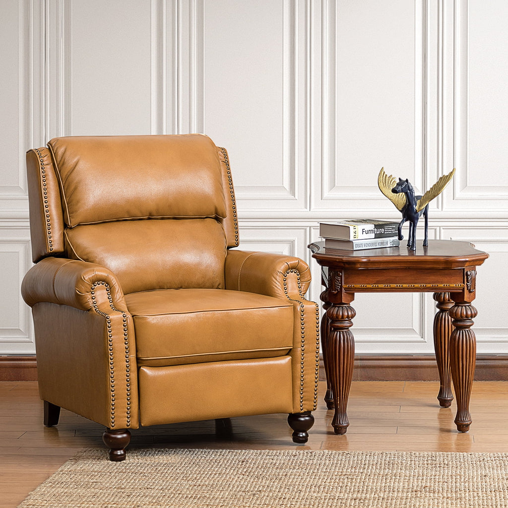 Camel Genuine Leather Recliner Chair with Wood Legs Y624416