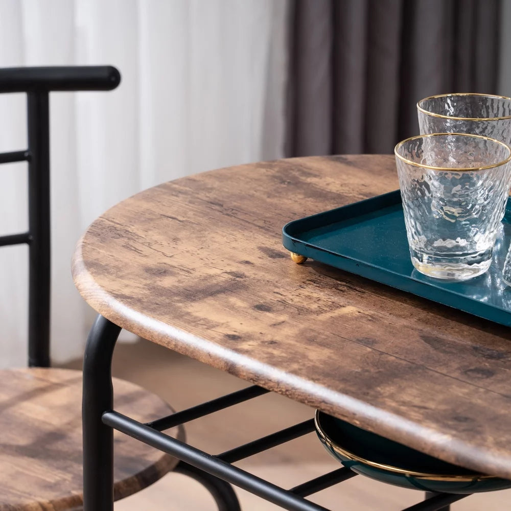 Brown 3 Piece Wood Top Dining Set with Storage Rack P8002