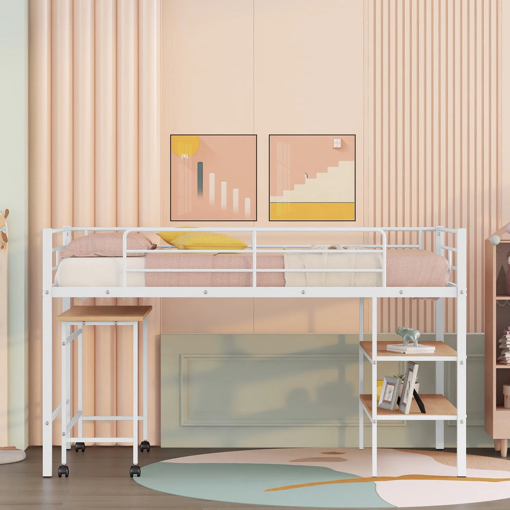 Twin Size White Metal Loft Bed with Desk and Shelving T346