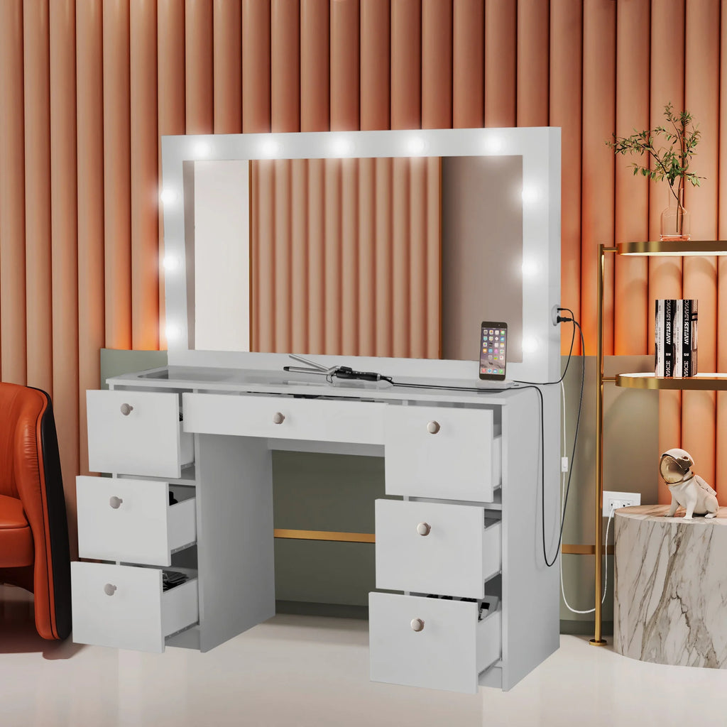 Modern Makeup Vanity Table Set with Mirror, 7 Drawers, White U410800