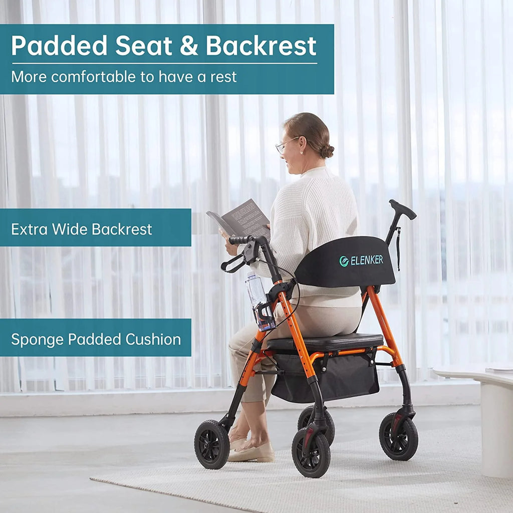 All-Terrain Rollator Walker with 8” Wheels, Height Adjustable, Padded Seat Backrest Cup Holder, Orange G548