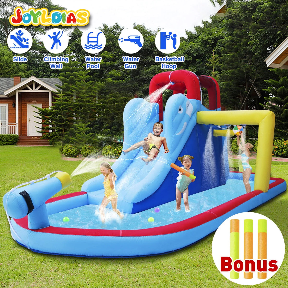 Kids Inflatable Water Slide Bouncer Playhouse Castle with Splash Pool, Climbing Wall, Basketball Hoop, Bag, Air Blower O830614