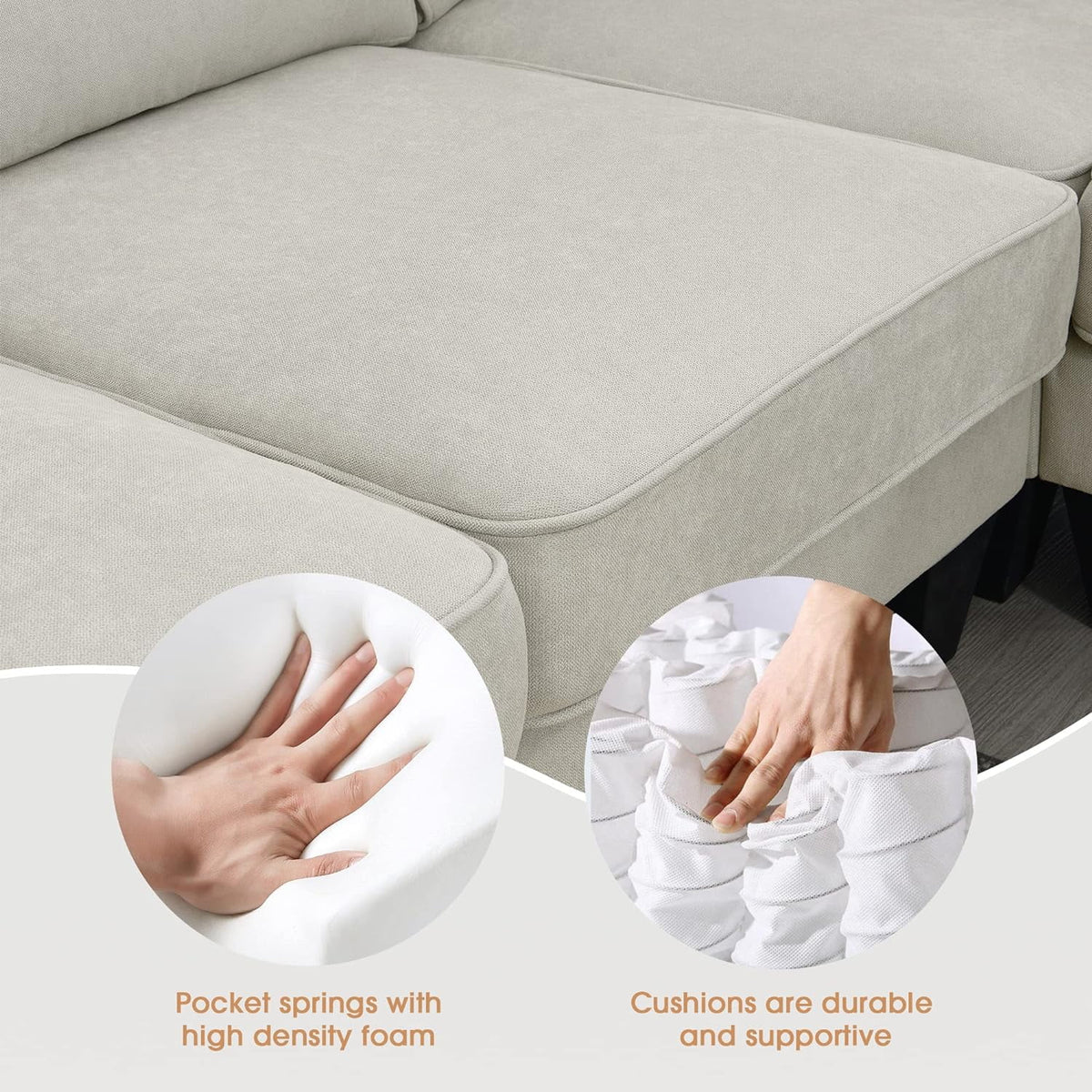 Beige 7-Seat U Shape Fabric Sectional Sofa with 3 Pillows G496071