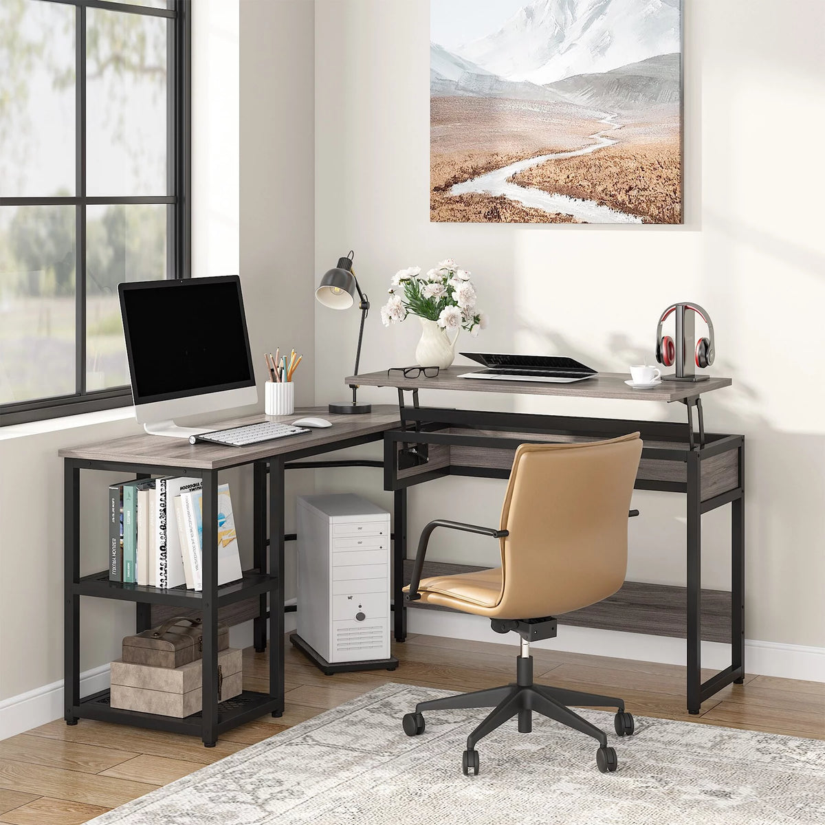 L-Shaped Height Adjustable Computer Desk with Shelves X741