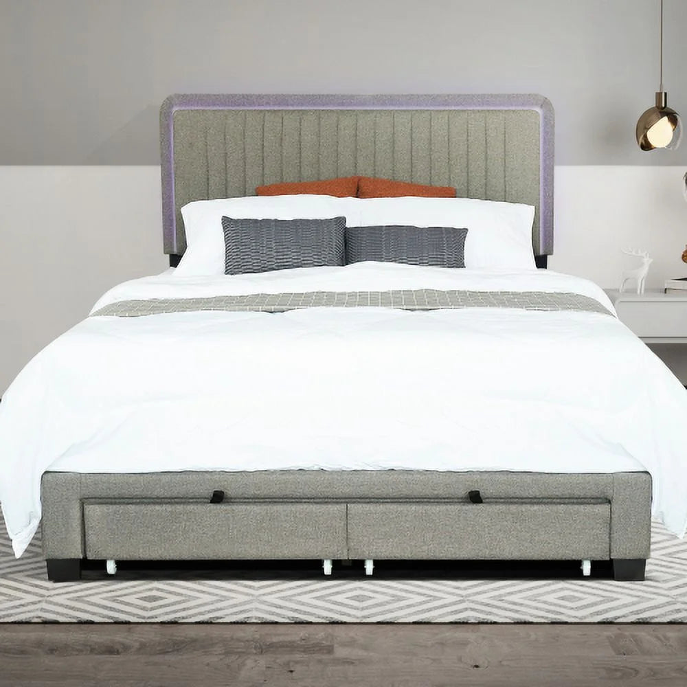 Queen Size Upholstered Bed with Adjustable Height and Footboard Drawers Q3715