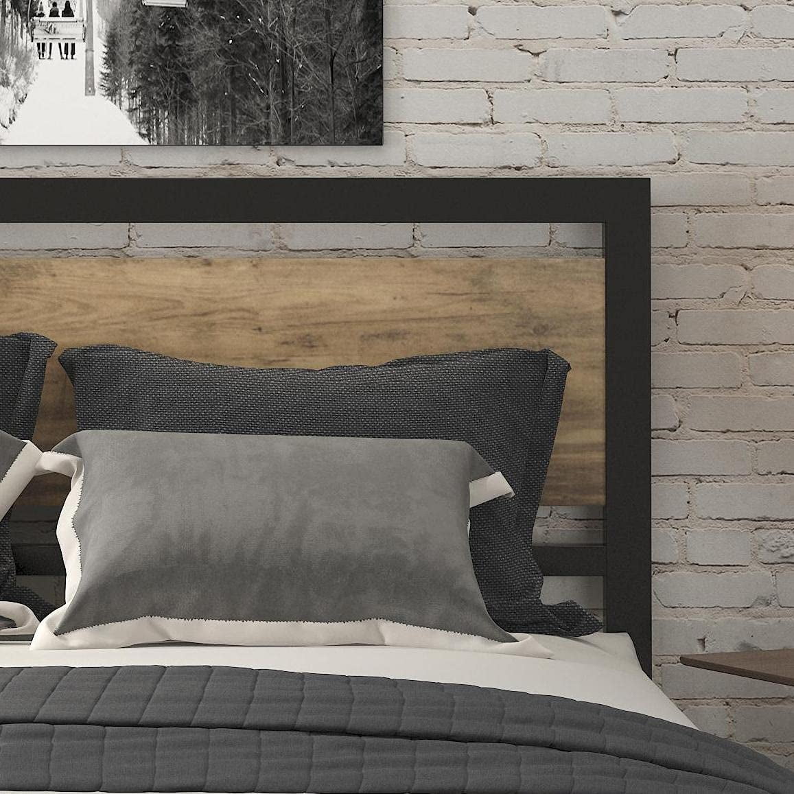 Brown Queen Size Metal Platform Bed Frame with Wooden Headboard B483209