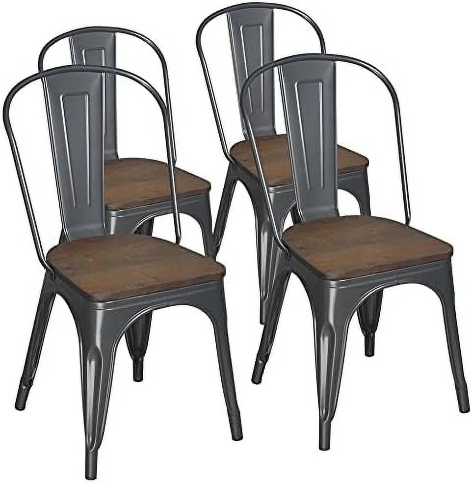 Gunmetal Grey Metal Dining Chairs Set of 4 with Wood Seat H2572